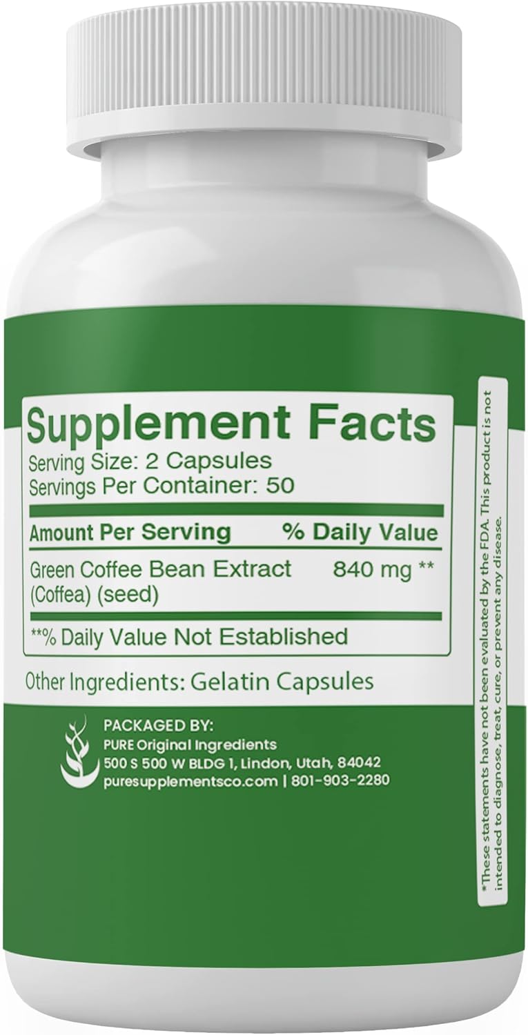 100 Capsules of Pure Green Coffee Bean Extract - Lab Verified, No Additives or Fillers - Always Made with Pure Original Ingredients