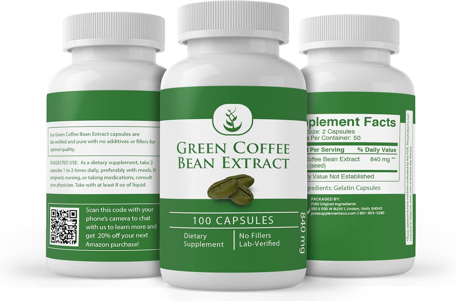 100 Capsules of Pure Green Coffee Bean Extract - Lab Verified, No Additives or Fillers - Always Made with Pure Original Ingredients