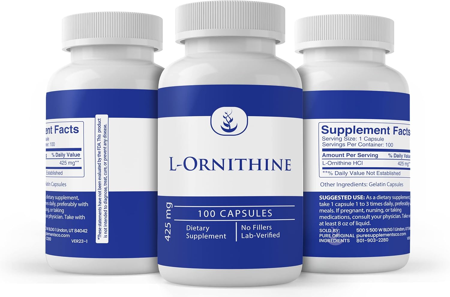 100 Capsules of Pure L-Ornithine with Original Ingredients, Lab Verified, No Additives or Fillers