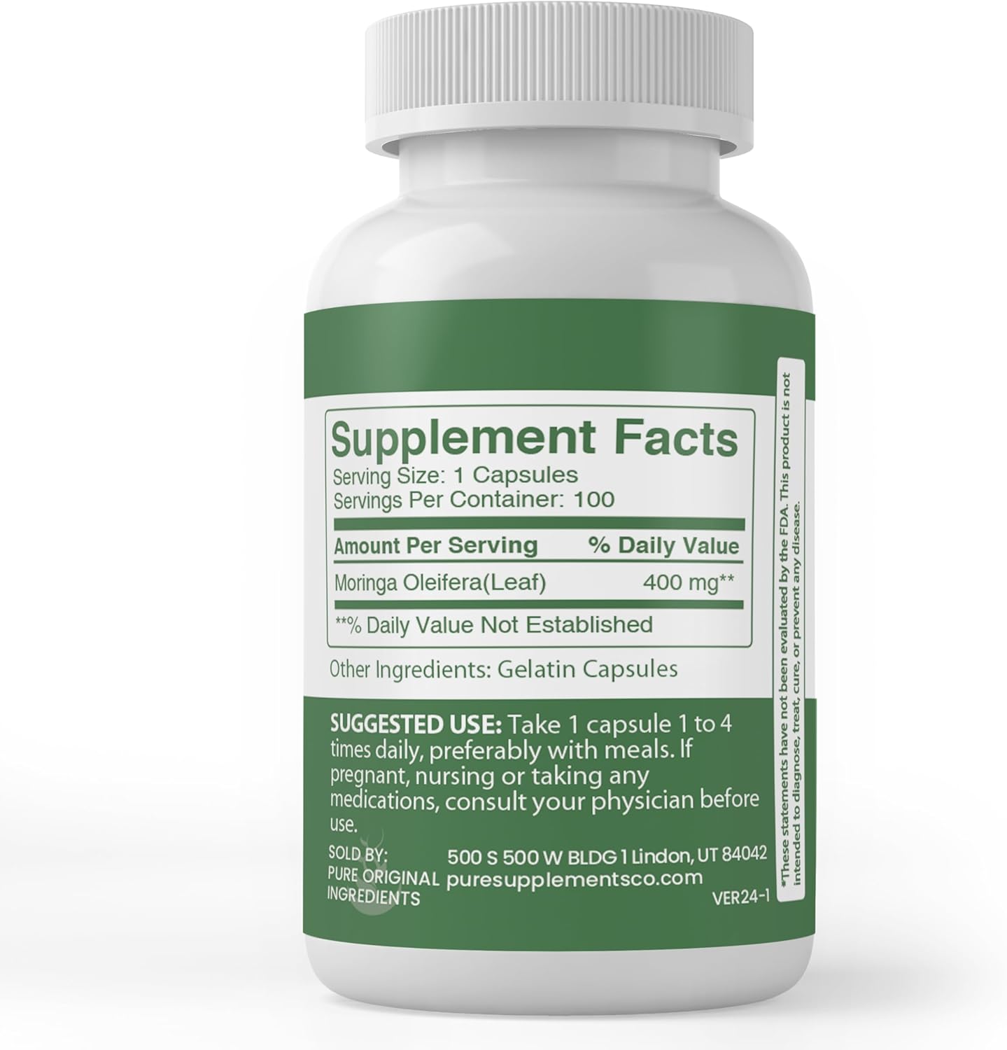 100 Capsules of Pure Moringa Oleifera with Original Ingredients, Lab Verified - No Additives or Fillers