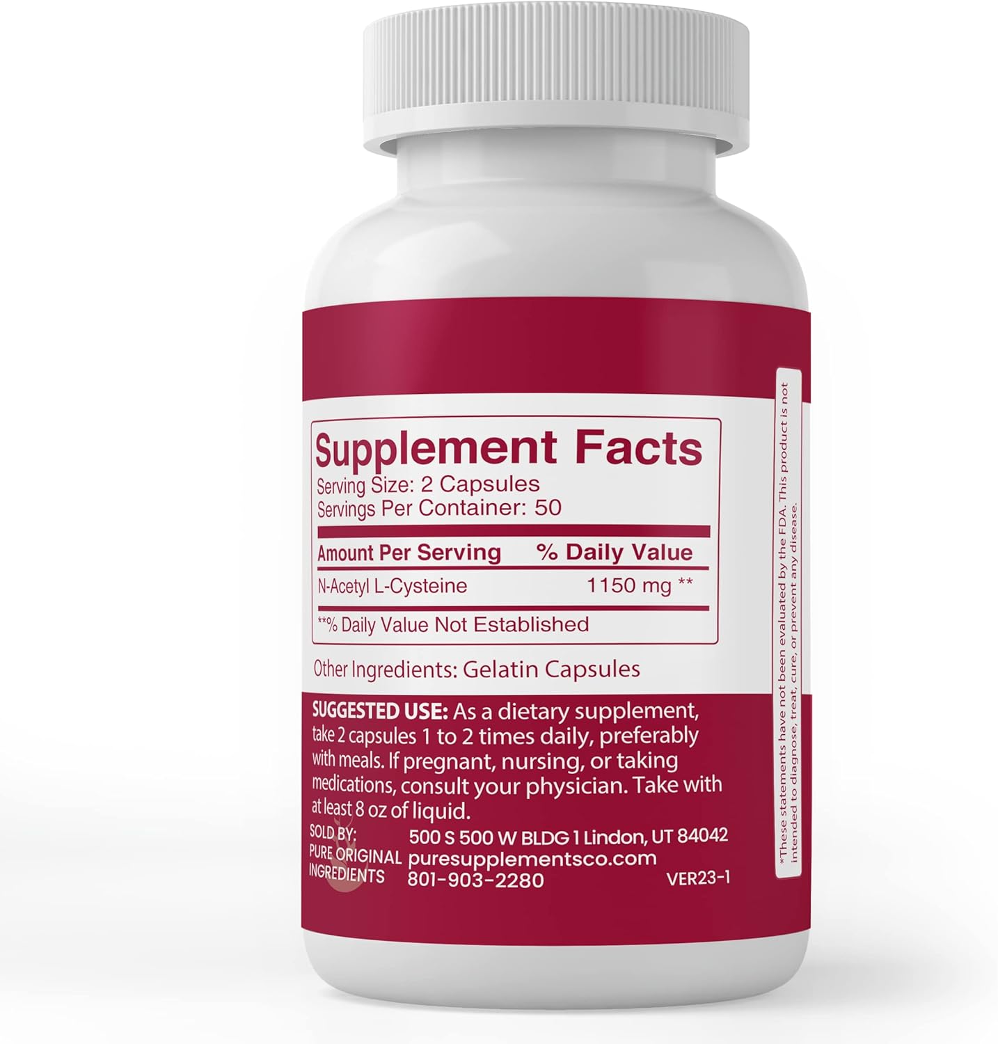 100 Capsules of Pure N-Acetyl L-Cysteine NAC - Lab Verified, No Additives or Fillers