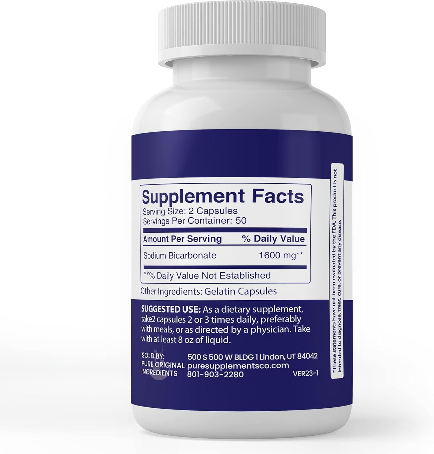 100 Capsules of Pure Sodium Bicarbonate Made with Original Ingredients