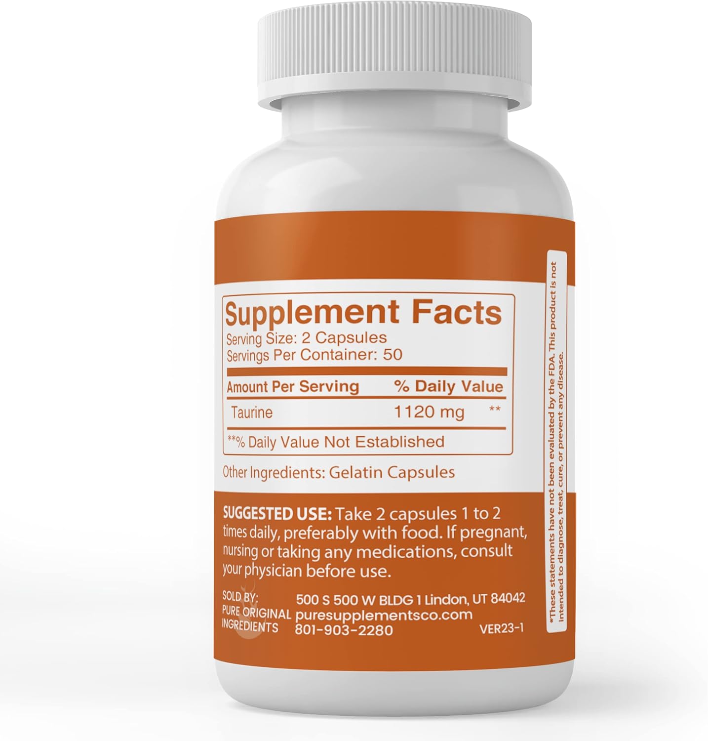 100 Capsules of Pure Taurine with Original Ingredients, Lab Verified, No Additives or Fillers