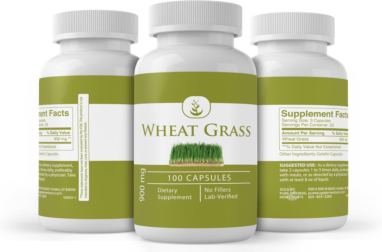 100 Capsules of Pure Wheat Grass - Original Ingredients, Lab Verified, No Additives or Fillers