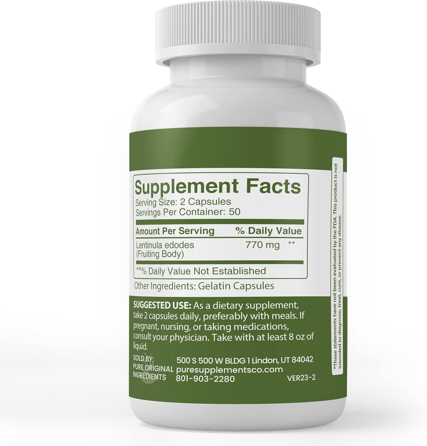 100 Capsules of Shiitake Mushroom Extract - Pure Ingredients, No Additives, Lab Verified