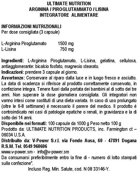 100 Capsules of Ultimate Nutrition Arginine Pyroglutamate Lysine Nitric Oxide Precursor Supplement