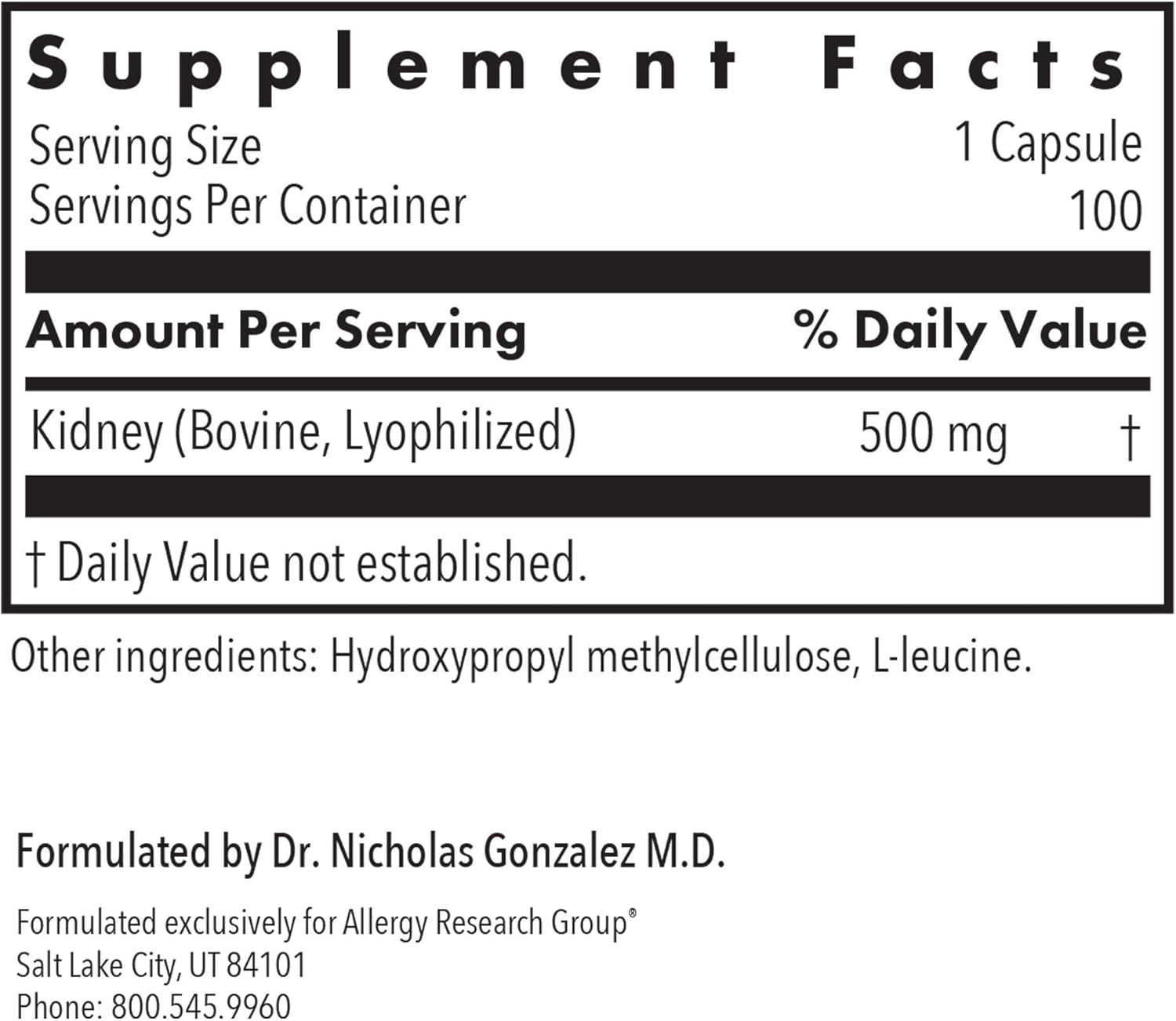 100 Count Allergy Research Group Kidney Beef Supplement - Natural Freeze-Dried Bovine Glandular Organ Capsules