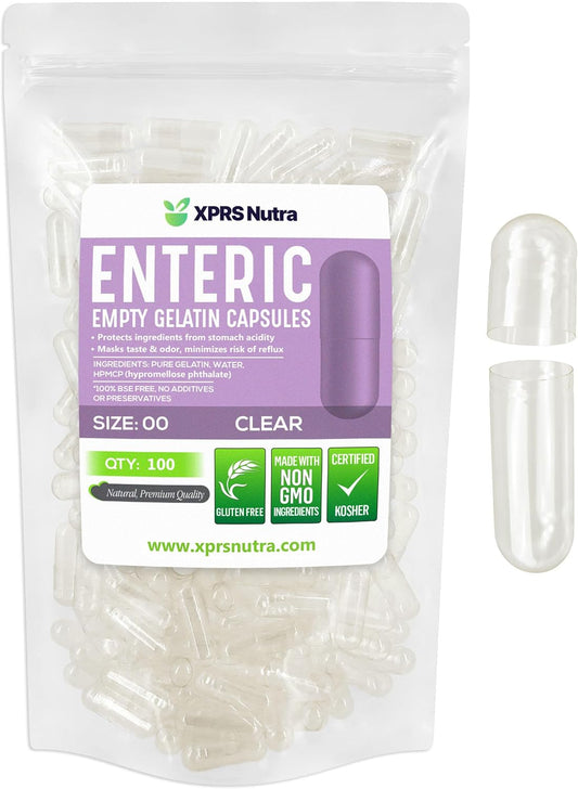 100 Count Clear Enteric Coated Size 00 Empty Gelatin Capsules for DIY Capsule Filling