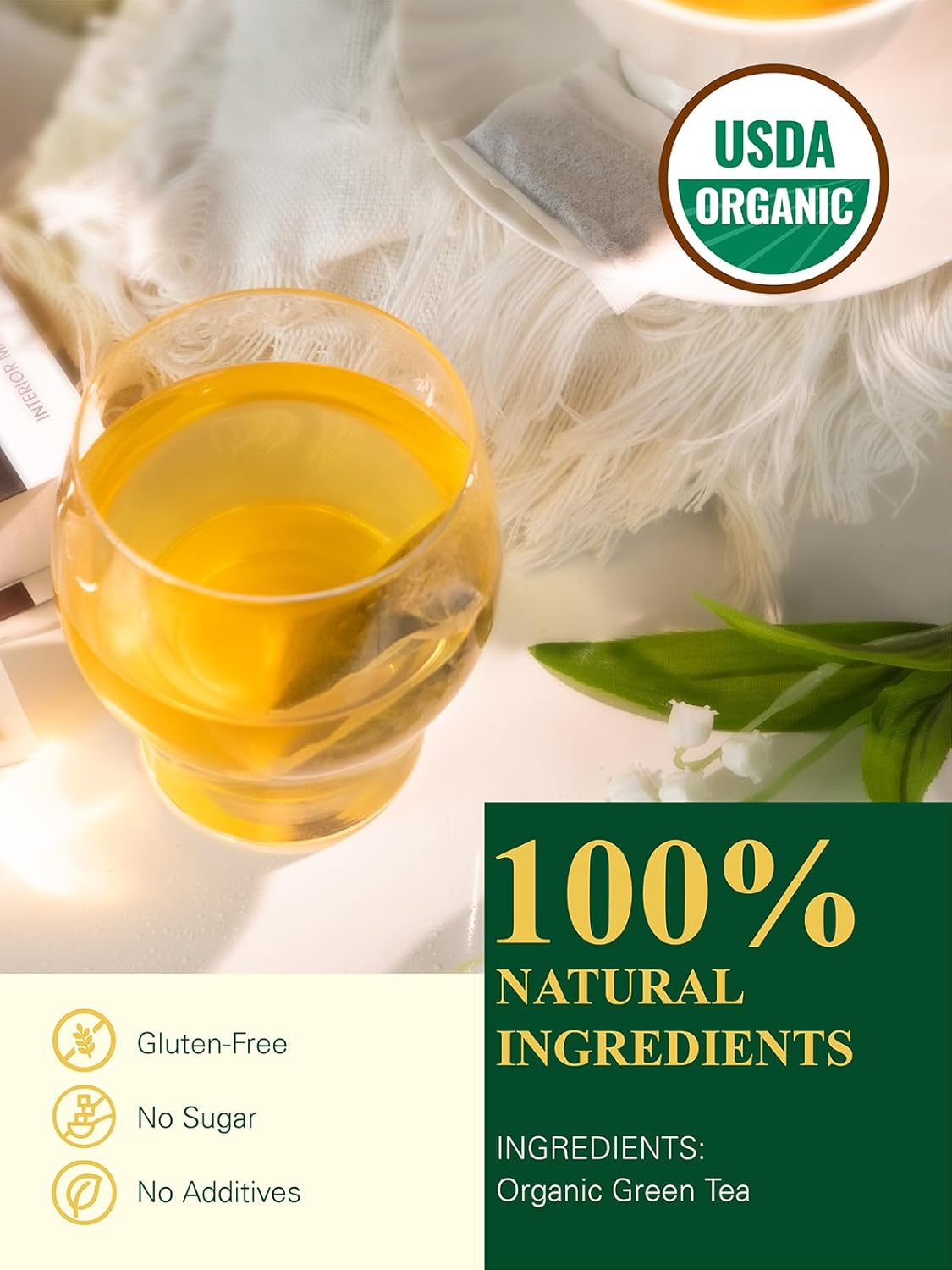 100 Count GLDNT Organic Green Tea Bags - Pure Natural Super Antioxidant with Caffeine