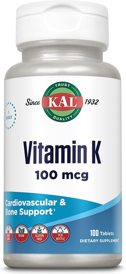 100 Count Kal 100 Mcg Vitamin K1 Tablets for Bone Health and Blood Clotting Support