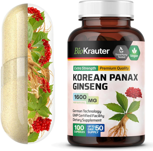 100 Count Korean Red Ginseng Capsules - 1600mg Strength - Vegan Panax Ginseng Immune Supplement