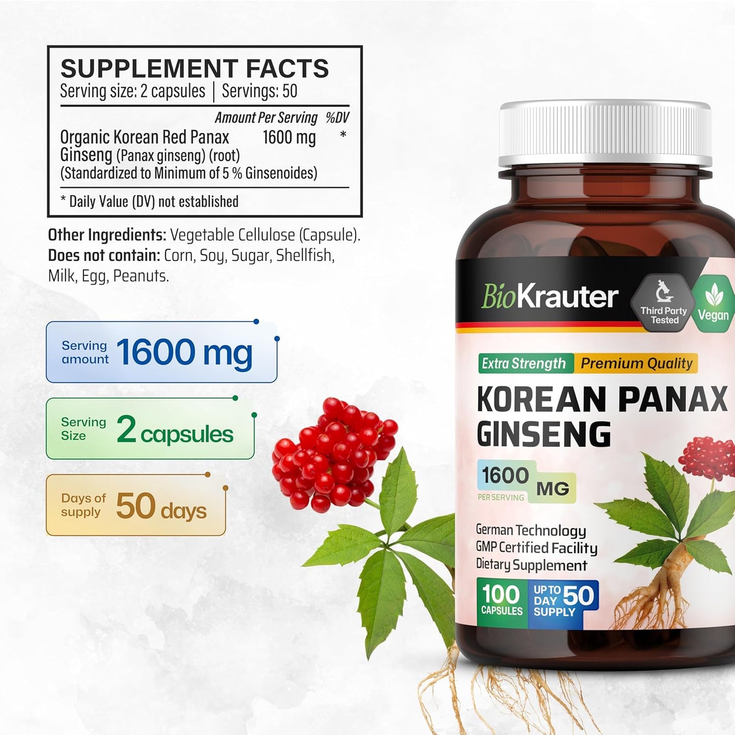 100 Count Korean Red Ginseng Capsules - 1600mg Strength - Vegan Panax Ginseng Immune Supplement