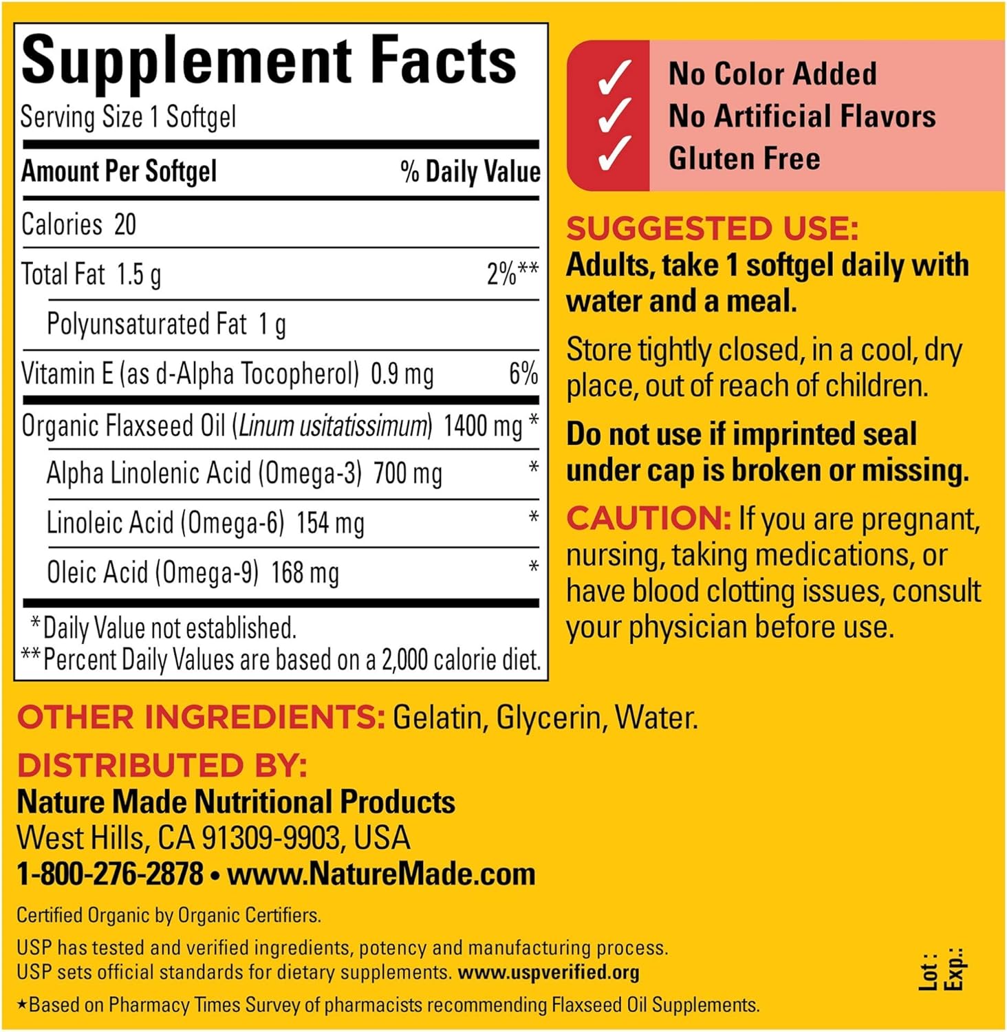 100 Count Nature Made Flaxseed Oil Softgels (1400 mg) for Heart Health