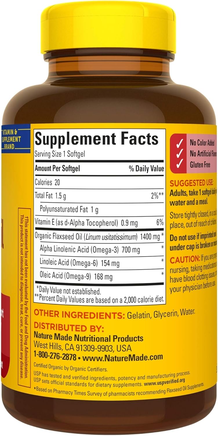 100 Count Nature Made Flaxseed Oil Softgels (1400 mg) for Heart Health