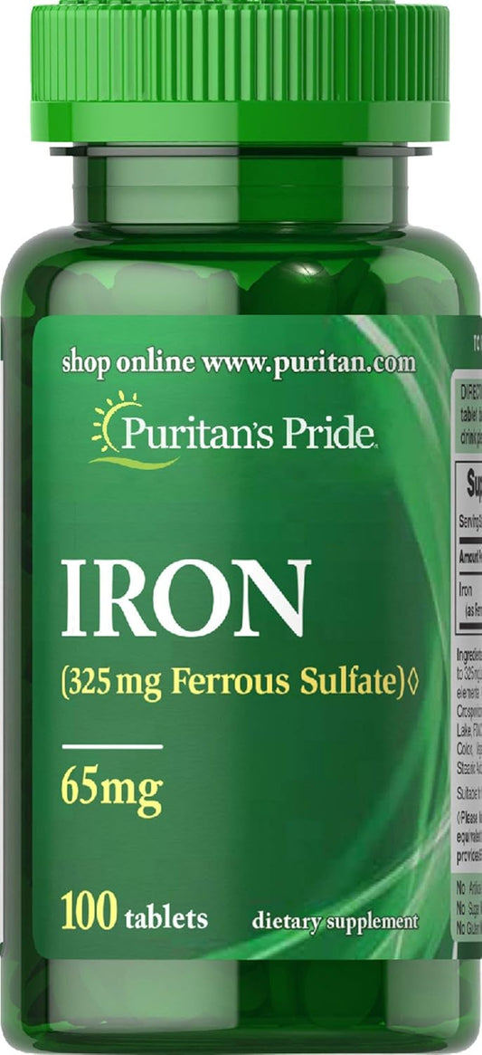 100 Count Puritan's Pride Iron Ferrous Sulfate Tablets - 65 Mg