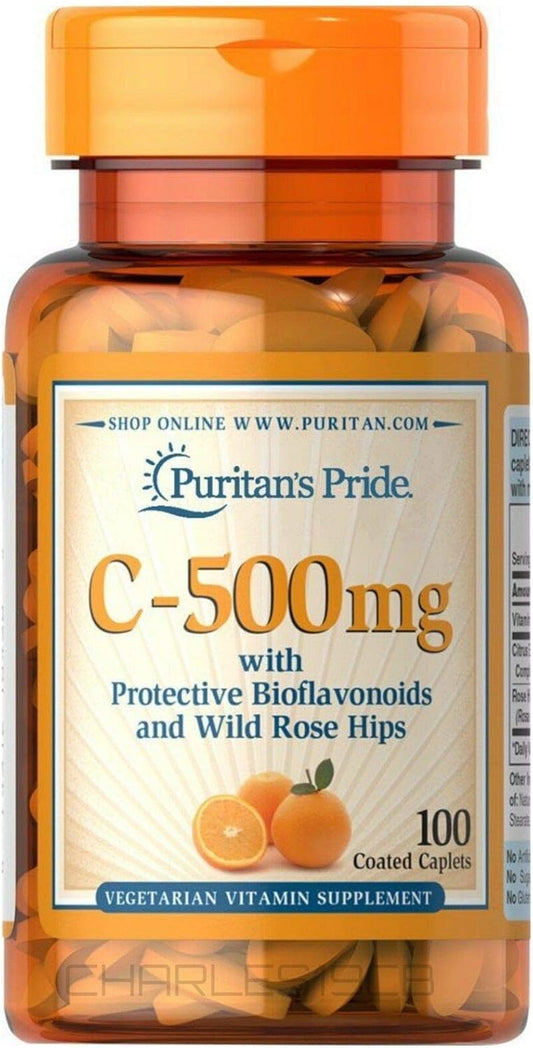 100 Count Puritan's Pride Vitamin C-500 Mg Tablets with Bioflavonoids and Rose Hips