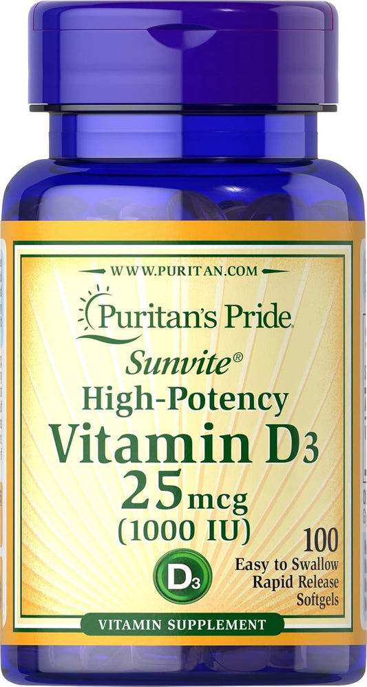 100 Count Puritan's Pride Vitamin D3 1000 Iu Softgels for Immune Support