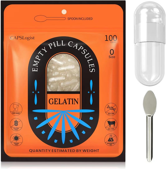100 Count Size 0 Empty Gelatin Capsules with Micro Lab Spoon - DIY Pill Capsule Filling, Gluten Free, Non-GMO Clear Gel Caps