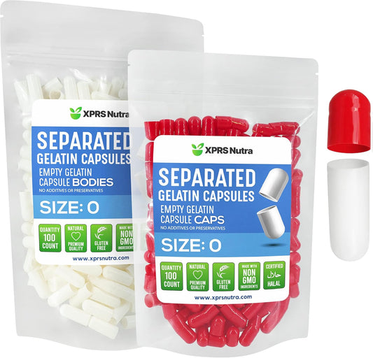 100 Count Size 0 Gelatin Capsules - Separated Empty Capsules for DIY Supplement Filling - Red/White Color