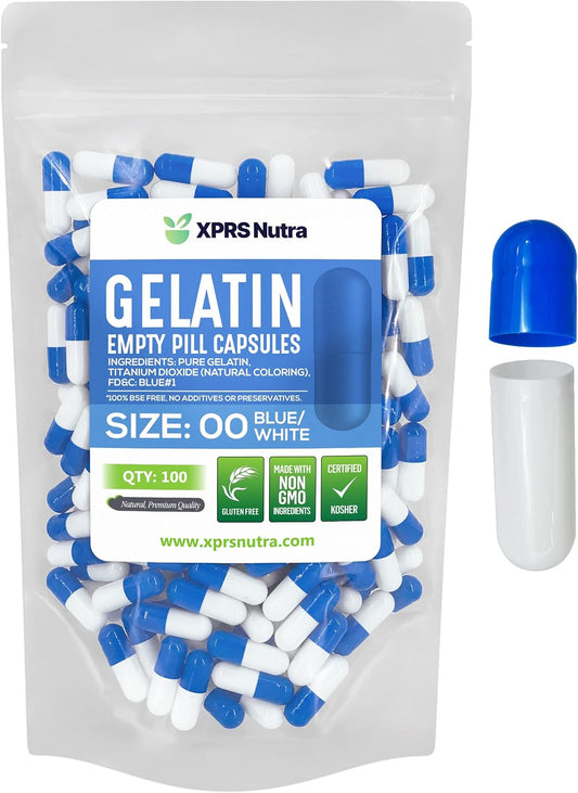 100 Count Size 00 Empty Gelatin Capsules for DIY Capsule Filling - Fillable Blue/White Empty Pill Caps