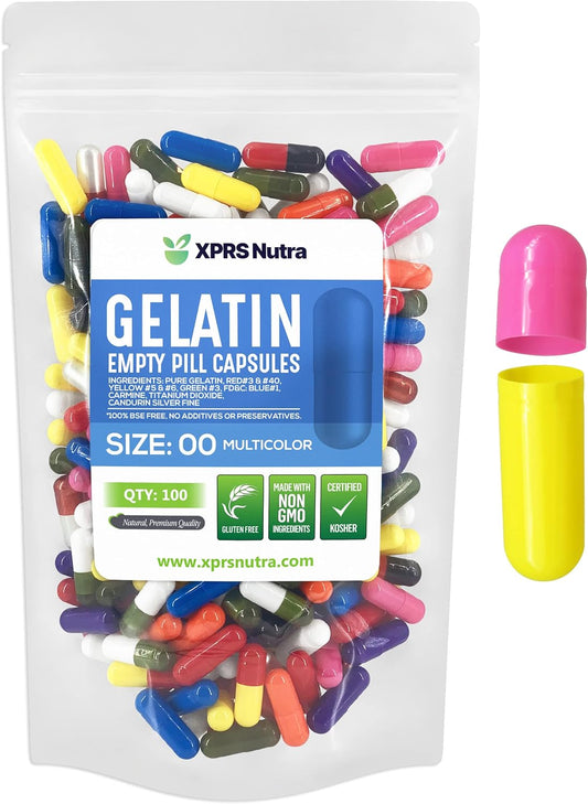 100 Count Size 00 Empty Gelatin Capsules for DIY Pill Filling - Multi Color Fillable Caps
