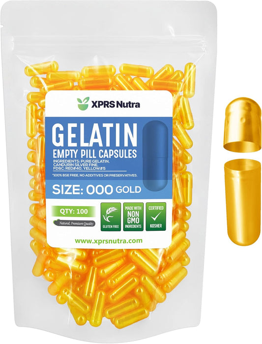 100 Count Size 000 Gold Empty Gelatin Capsules for DIY Supplement Filling - XPRS Nutra Fillable Pill Capsules