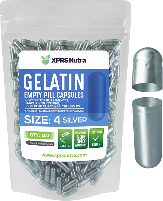 100 Count Size 4 Empty Gelatin Capsules for DIY Capsule Filling - Small Bovine Pill Capsules - Silver Empty Gel Caps