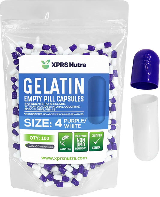 100 Count Small Empty Gelatin Capsules for DIY Capsule Filling - XPRS Nutra Size 4 Empty Capsules - Bovine Pill Capsules (Purple/White)
