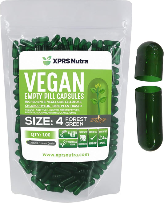 100 Count Small Vegan Empty Capsules for DIY Vegetable Capsule Filling - XPRS Nutra Size 4 Veggie Pill Capsules - Vegetarian Empty Pill Capsules (Forest Green)