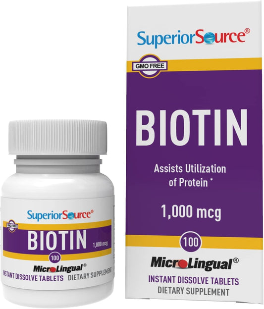 100 Count Superior Source Biotin 1000 mcg Quick Dissolve Tablets for Hair, Skin, Nails - Energy Metabolism Support