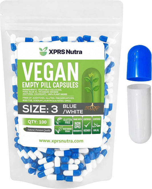 100 Count XPRS Nutra Empty Vegan Capsules for DIY Vegetable Capsule Filling - Vegetarian Pill Capsules - Veggie Caps (Blue/White)