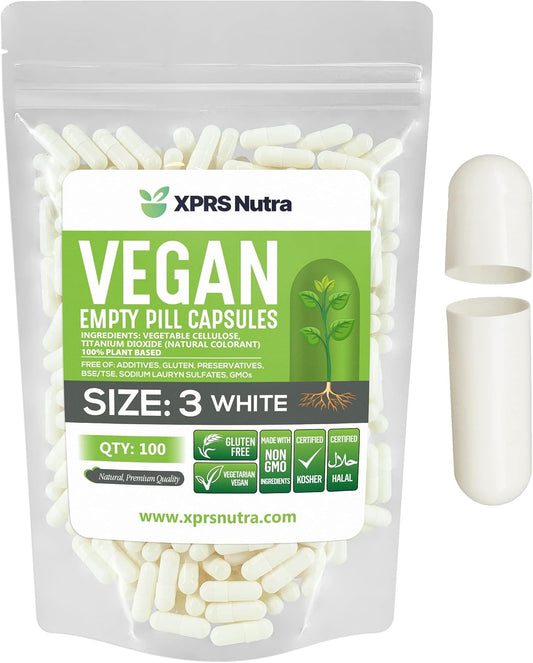 100 Count XPRS Nutra Empty Vegan Capsules for DIY Vegetable Capsule Filling - Vegetarian Pill Caps - White Veggie Caps