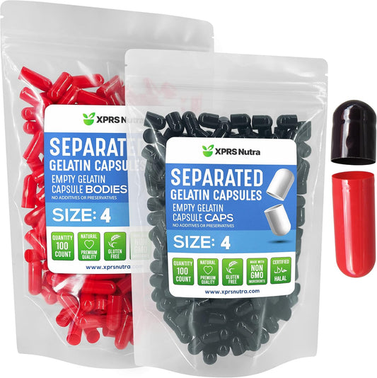100 Count XPRS Nutra Gelatin Size 4 Empty Capsules in Bags - Small Separated Pill Capsules for DIY Supplement Filling - Black/Red Gel Capsules
