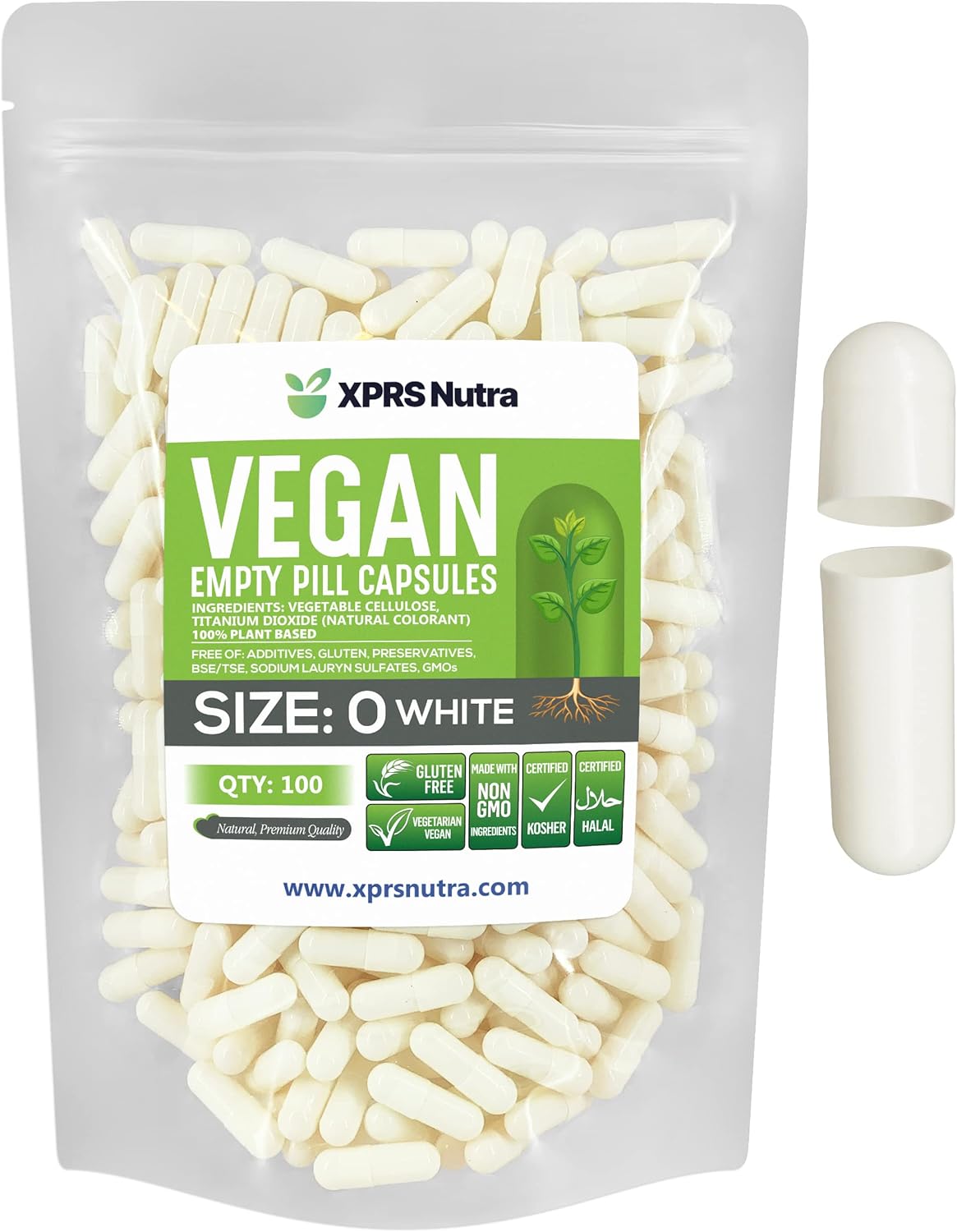 100 Count XPRS Nutra Size 0 Vegan Empty Capsules for DIY Vegetable Filling - White Veggie Pill Caps
