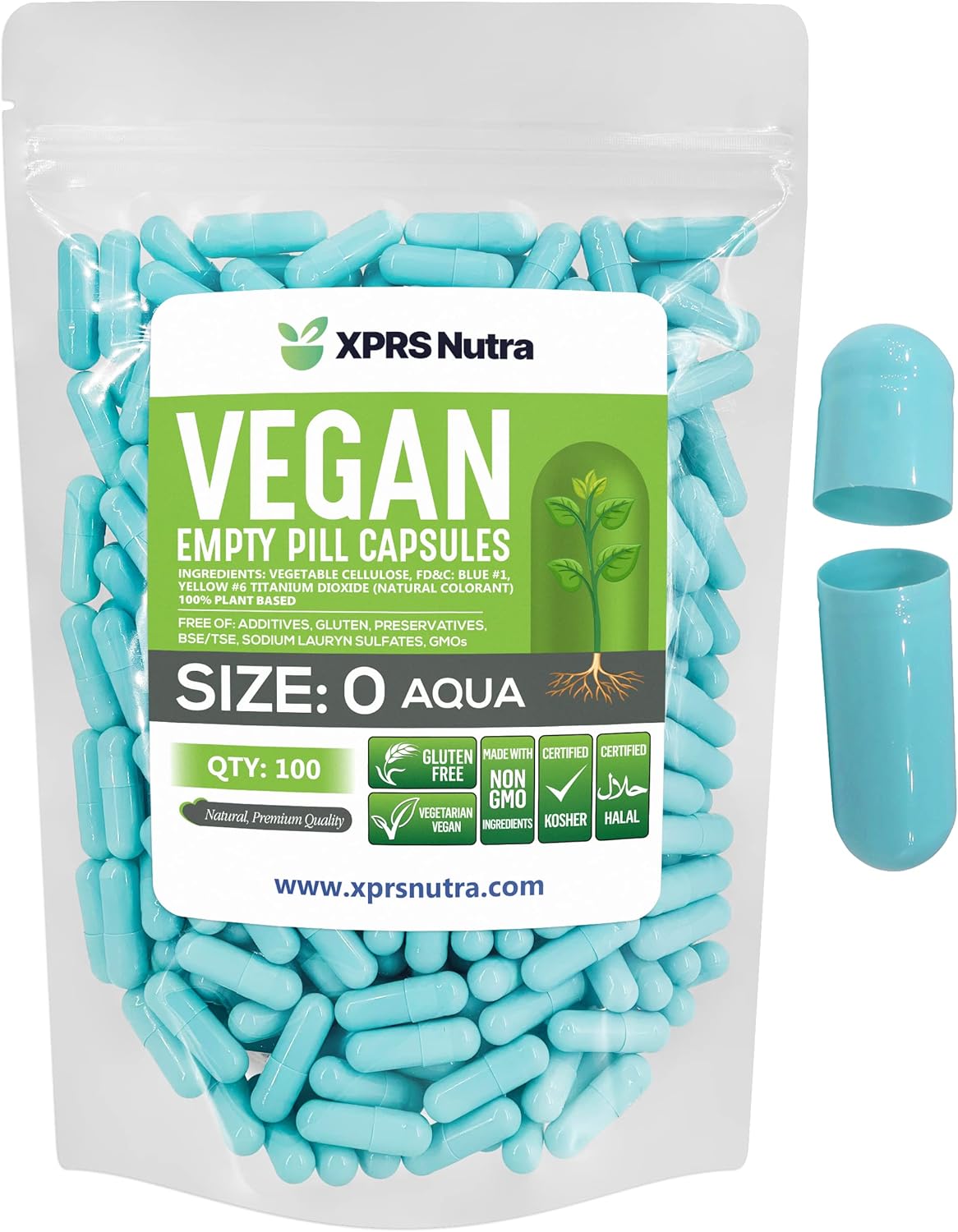 100 Count XPRS Nutra Size 0 Vegan Empty Capsules for DIY Vegetable Filling - Aqua Veggie Pill Caps