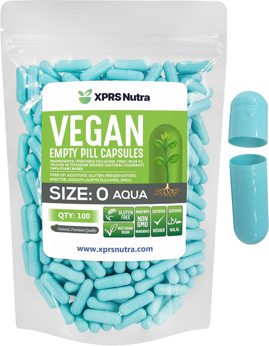 100 Count XPRS Nutra Size 0 Vegan Empty Capsules for DIY Vegetable Filling - Aqua Veggie Pill Caps