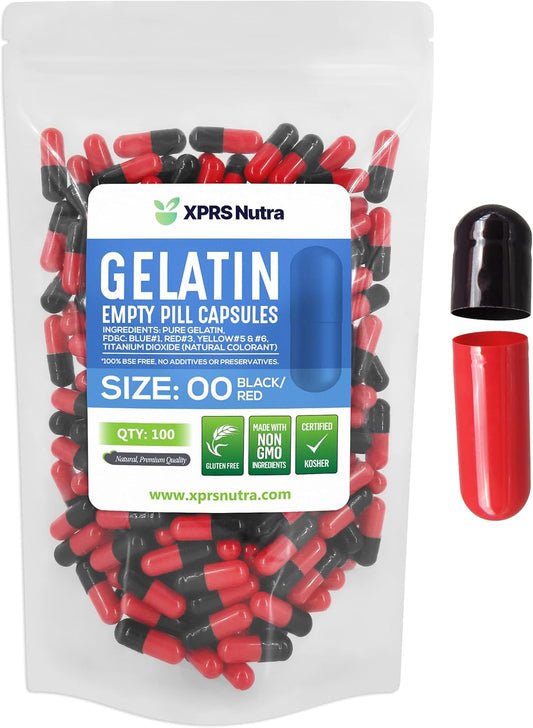 100 Count XPRS Nutra Size 00 Black/Red Empty Gelatin Capsules for DIY Capsule Filling