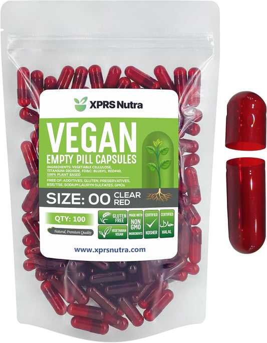 100 Count XPRS Nutra Size 00 Clear Red Vegan Empty Capsules for DIY Vegetable Capsule Filling
