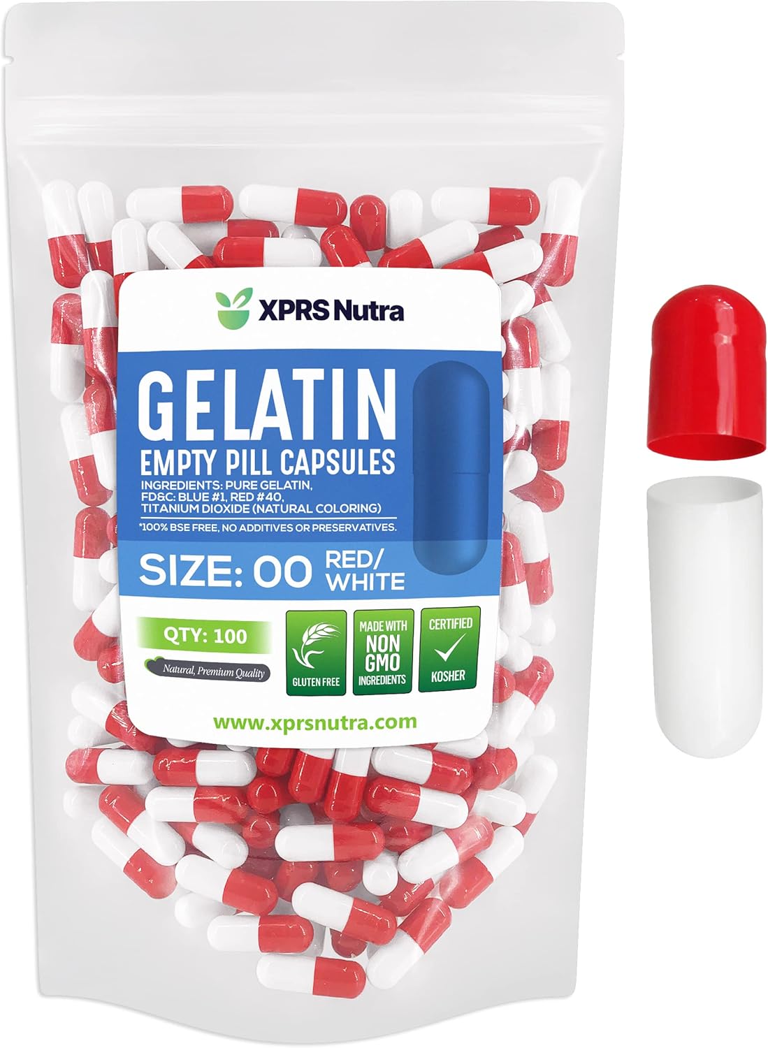 100 Count XPRS Nutra Size 00 Empty Gelatin Capsules for DIY Capsule Filling - Red/White Fillable Pill Caps