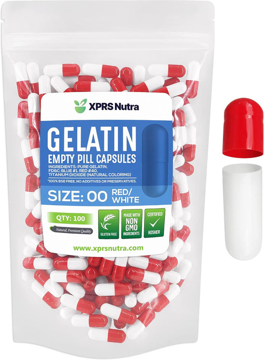 100 Count XPRS Nutra Size 00 Empty Gelatin Capsules for DIY Capsule Filling - Red/White Fillable Pill Caps