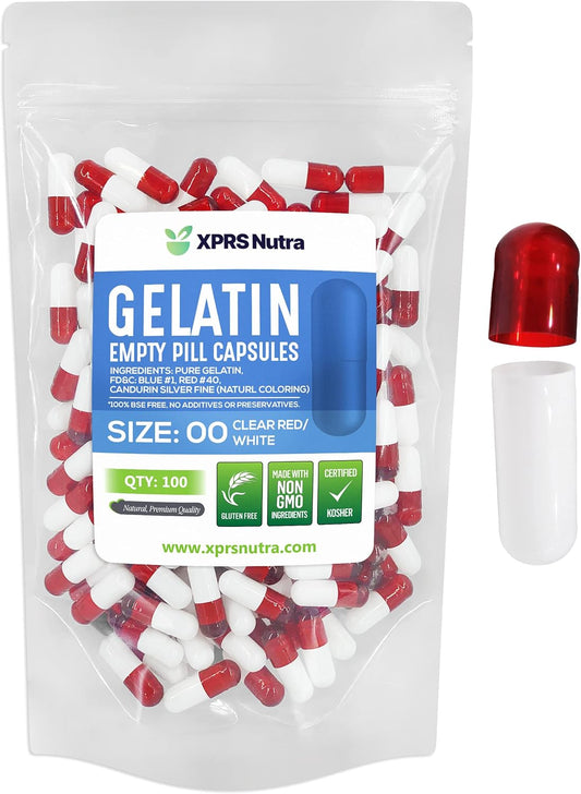 100 Count XPRS Nutra Size 00 Empty Gelatin Capsules for DIY Capsule Filling - Fillable Clear Red/White Pill Caps