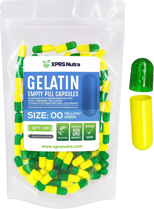 100 Count XPRS Nutra Size 00 Empty Gelatin Capsules for DIY Capsule Filling - Fillable Pill Capsules in Green/Yellow - Empty Pill Capsules for Supplements