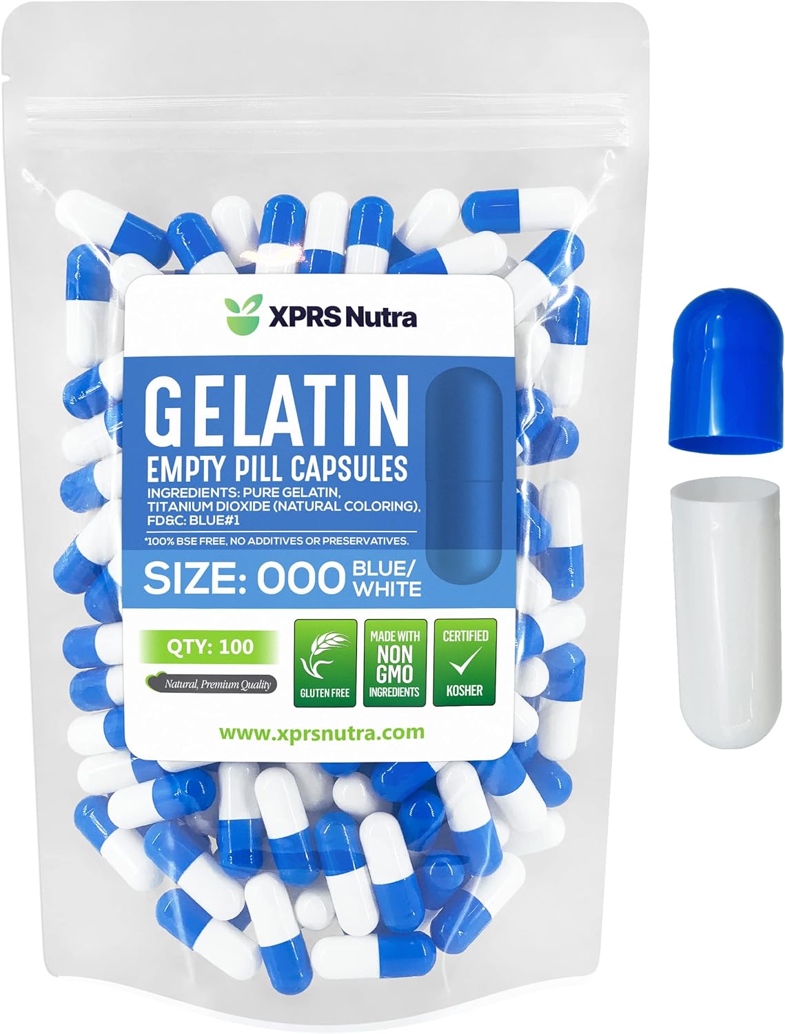 100 Count XPRS Nutra Size 000 Empty Gelatin Capsules for DIY Supplement Filling - Fillable Blue/White Gel Caps Pills