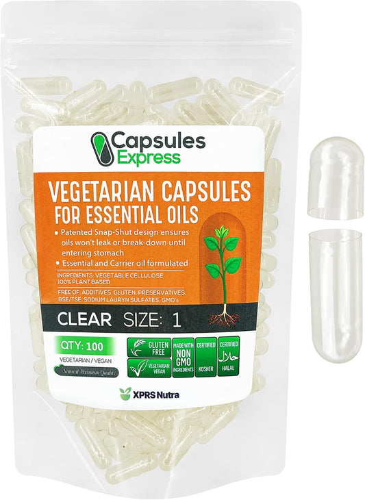 100 Count XPRS Nutra Size 1 Clear Vegan Capsules for Essential Oils - Empty Vegetable Capsules for DIY Oil Filling, Compatible with Most Oils