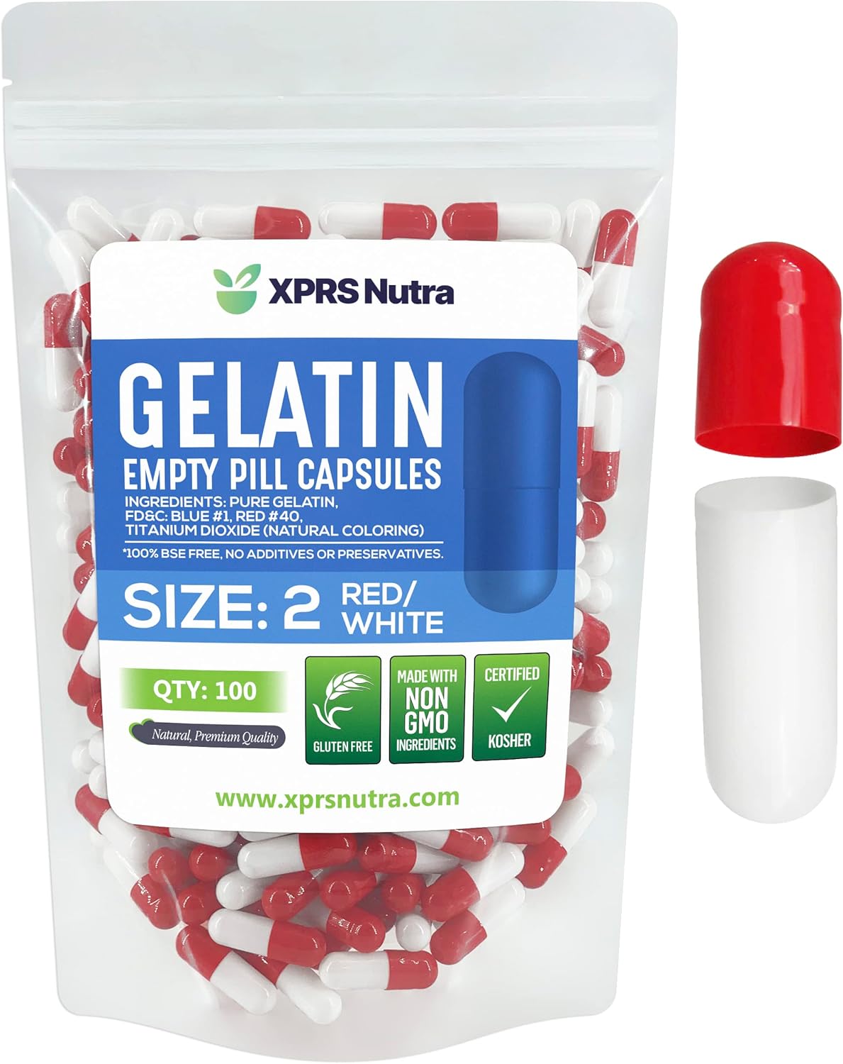 100 Count XPRS Nutra Size 2 Empty Gelatin Capsules for DIY Pill Filling - Pure Bovine Capsules - Red/White Caps
