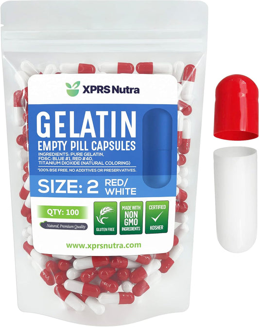 100 Count XPRS Nutra Size 2 Empty Gelatin Capsules for DIY Pill Filling - Pure Bovine Capsules - Red/White Caps