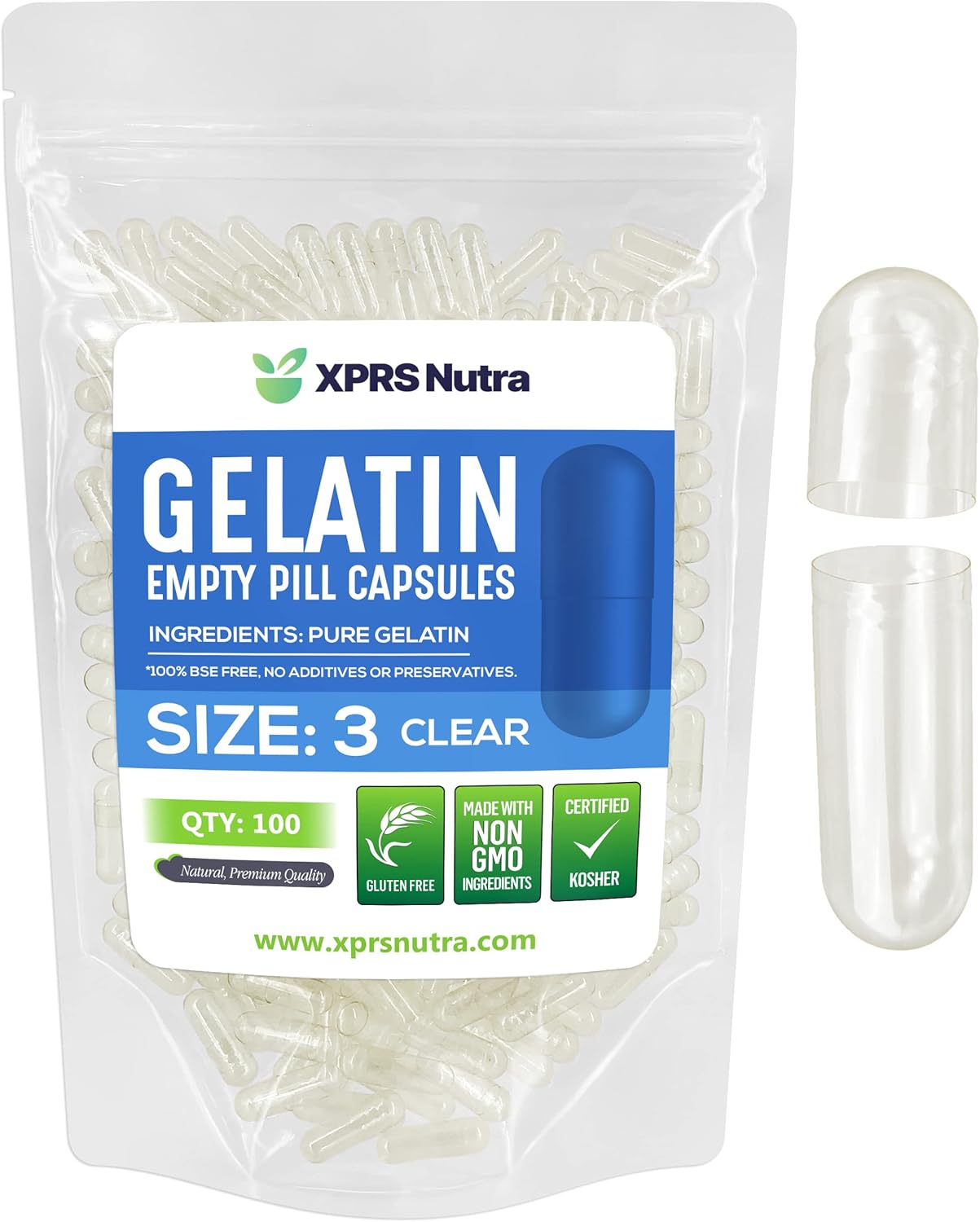 100 Count XPRS Nutra Size 3 Clear Pure Bovine Empty Gelatin Capsules for DIY Capsule Filling