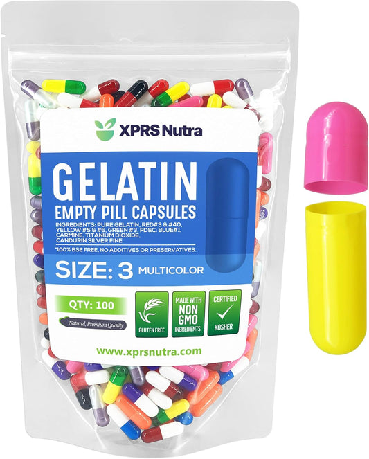 100 Count XPRS Nutra Size 3 Empty Gelatin Capsules for DIY Capsule Filling - Pure Bovine Pill Capsules (Multi Color)
