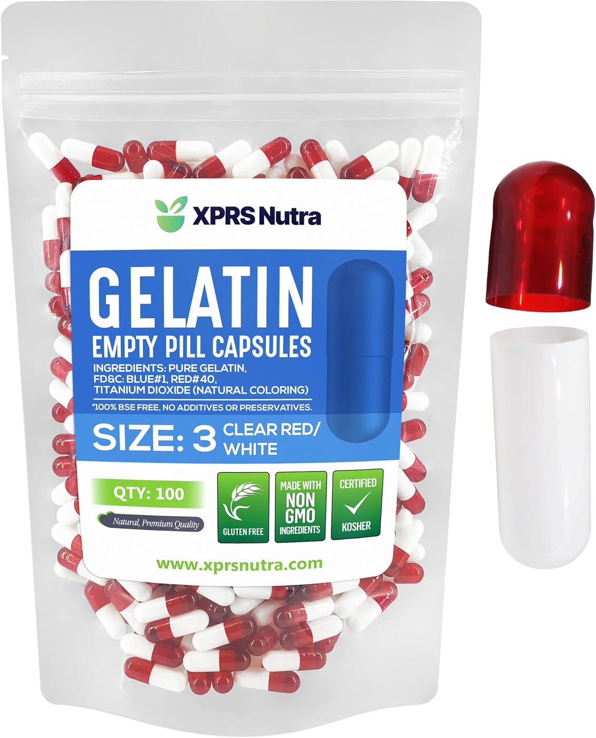 100 Count XPRS Nutra Size 3 Empty Gelatin Capsules for DIY Capsule Filling - Pure Bovine Pill Capsules - Clear Red/White Caps