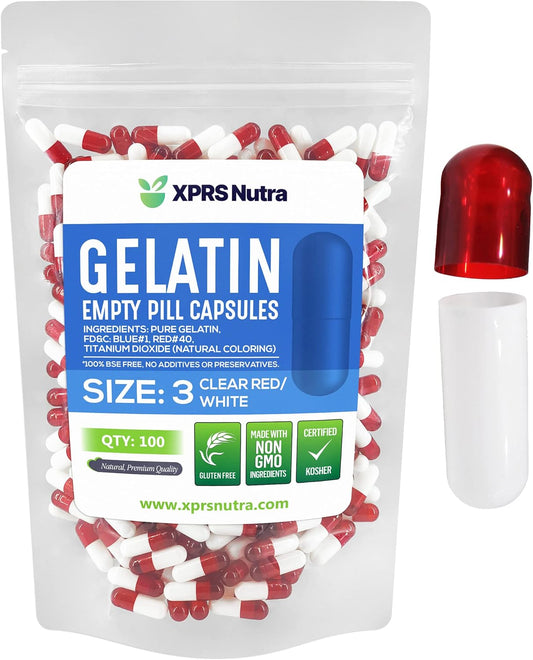 100 Count XPRS Nutra Size 3 Empty Gelatin Capsules for DIY Capsule Filling - Pure Bovine Pill Capsules - Clear Red/White Caps